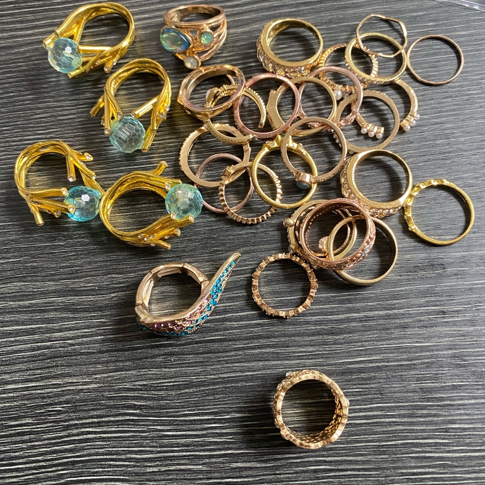 Mixed Gold tone fashion Stackable Ring Set with Aqua Blue Accents